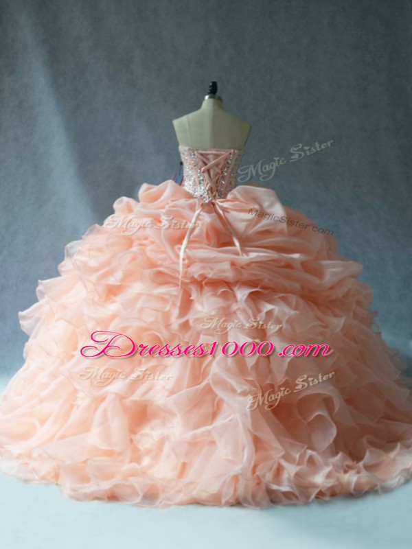 Sexy Ball Gowns Sweet 16 Quinceanera Dress Peach Strapless Organza Sleeveless Floor Length Lace Up