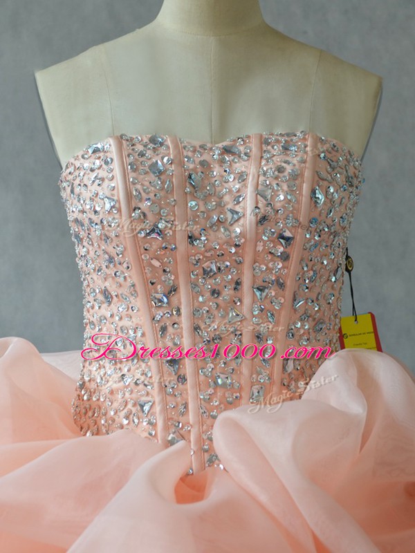Sexy Ball Gowns Sweet 16 Quinceanera Dress Peach Strapless Organza Sleeveless Floor Length Lace Up