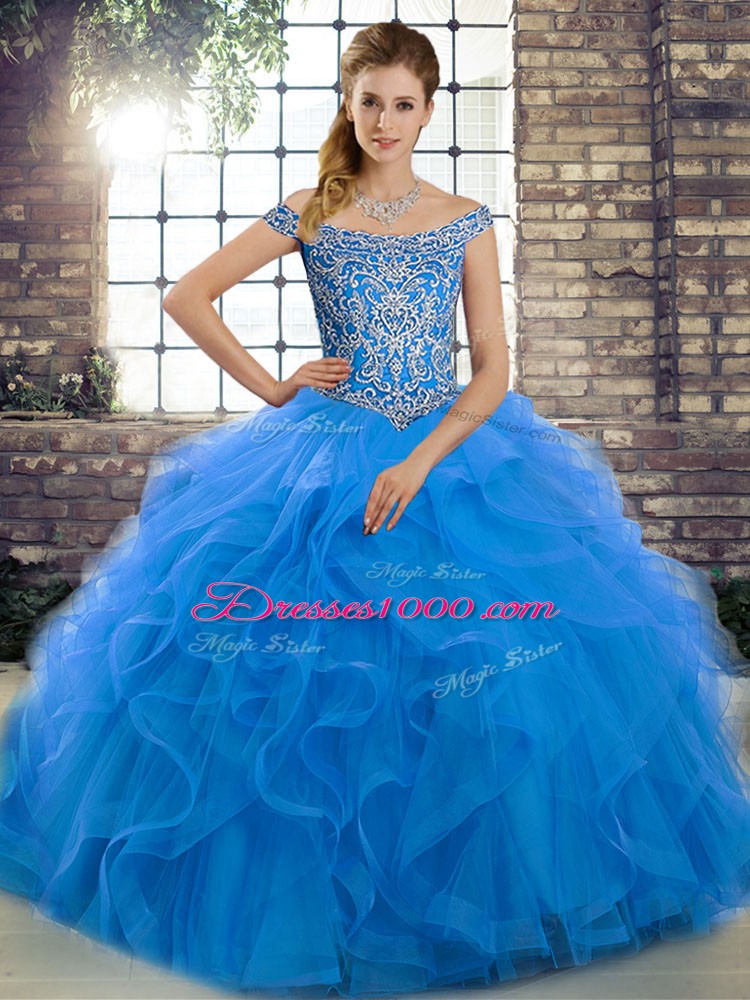 Blue Sleeveless Tulle Brush Train Lace Up Sweet 16 Quinceanera Dress for Military Ball and Sweet 16 and Quinceanera