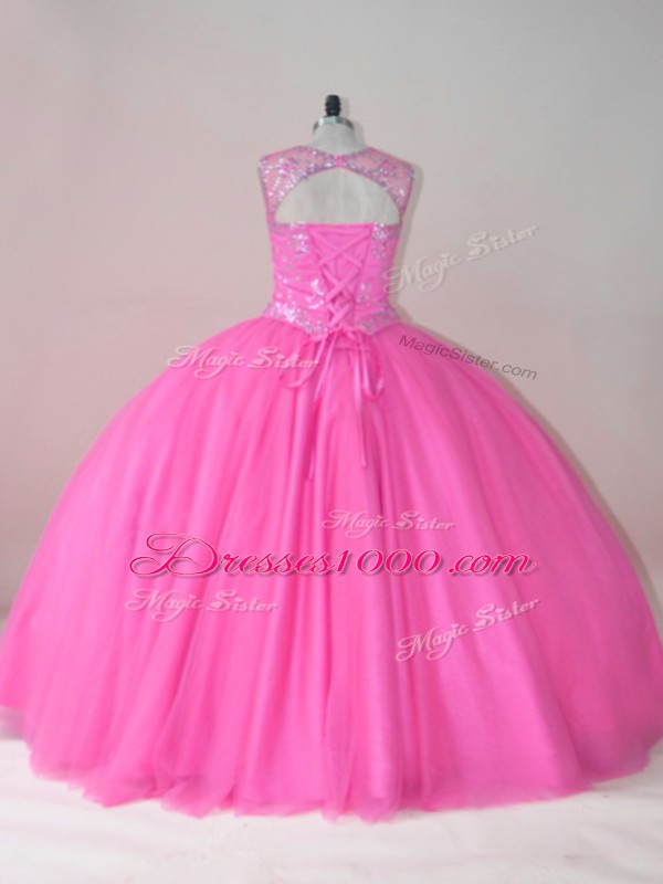 Exquisite Scoop Sleeveless Quinceanera Dress Floor Length Beading Rose Pink Tulle