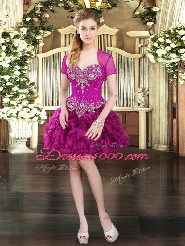 Spectacular Fuchsia Three Pieces Organza Sweetheart Sleeveless Beading and Ruffles and Pick Ups Floor Length Lace Up Quinceanera Dress