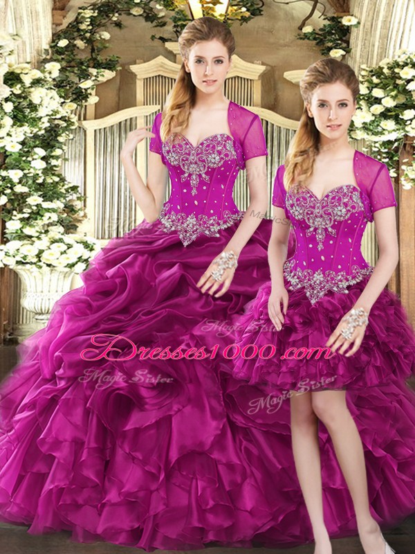 Spectacular Fuchsia Three Pieces Organza Sweetheart Sleeveless Beading and Ruffles and Pick Ups Floor Length Lace Up Quinceanera Dress