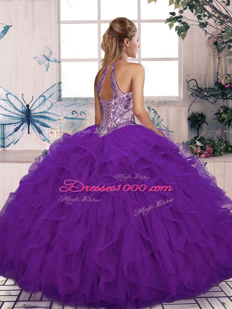 Sweet Tulle Halter Top Sleeveless Lace Up Beading and Ruffles 15th Birthday Dress in Purple