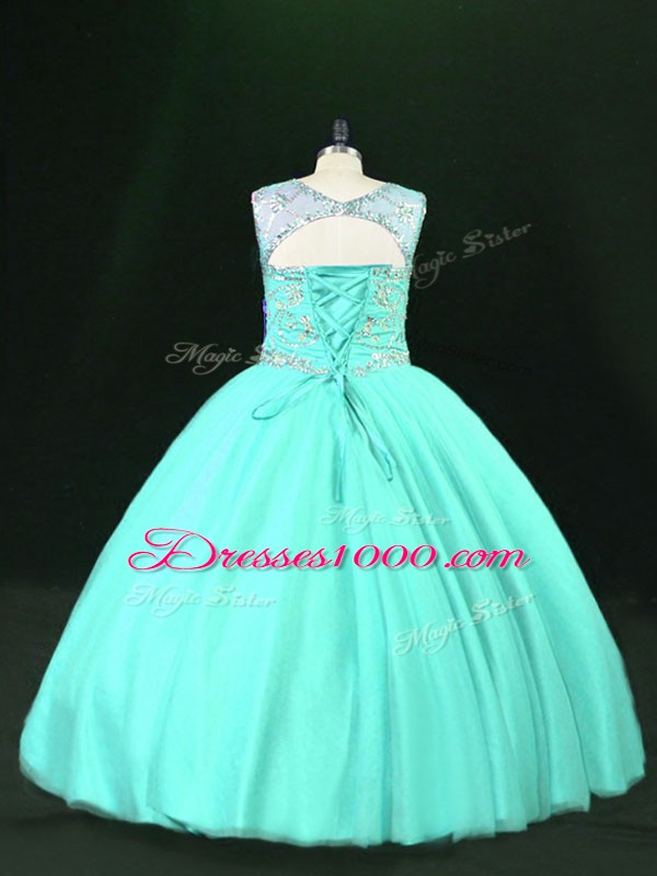 Super Turquoise Tulle Lace Up Ball Gown Prom Dress Sleeveless Floor Length Beading