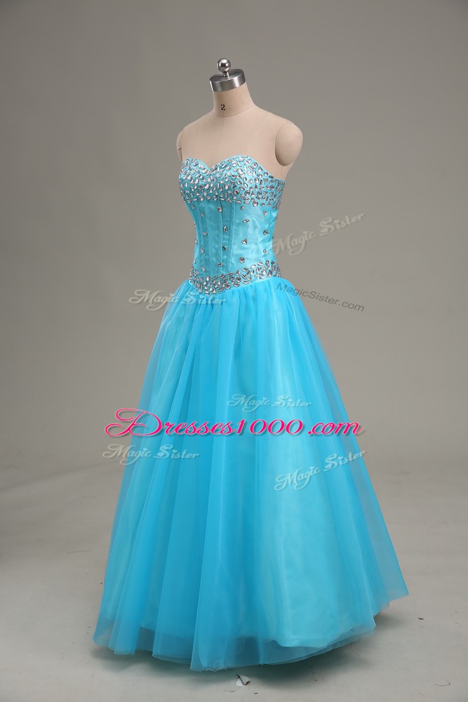 Aqua Blue Tulle Lace Up Sweetheart Sleeveless Floor Length Pageant Dress for Teens Beading