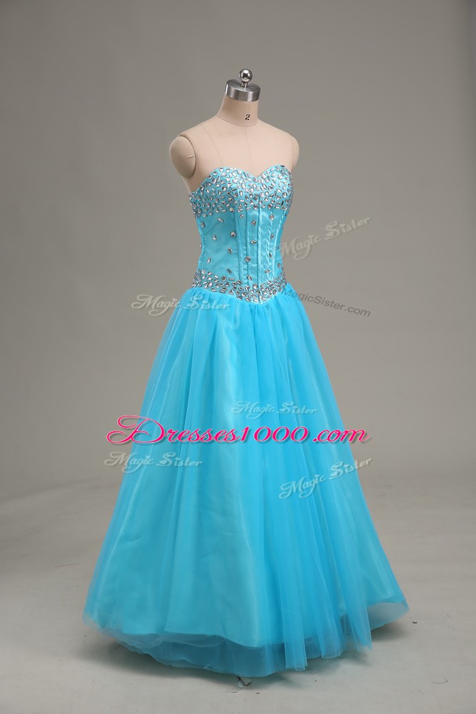 Aqua Blue Tulle Lace Up Sweetheart Sleeveless Floor Length Pageant Dress for Teens Beading