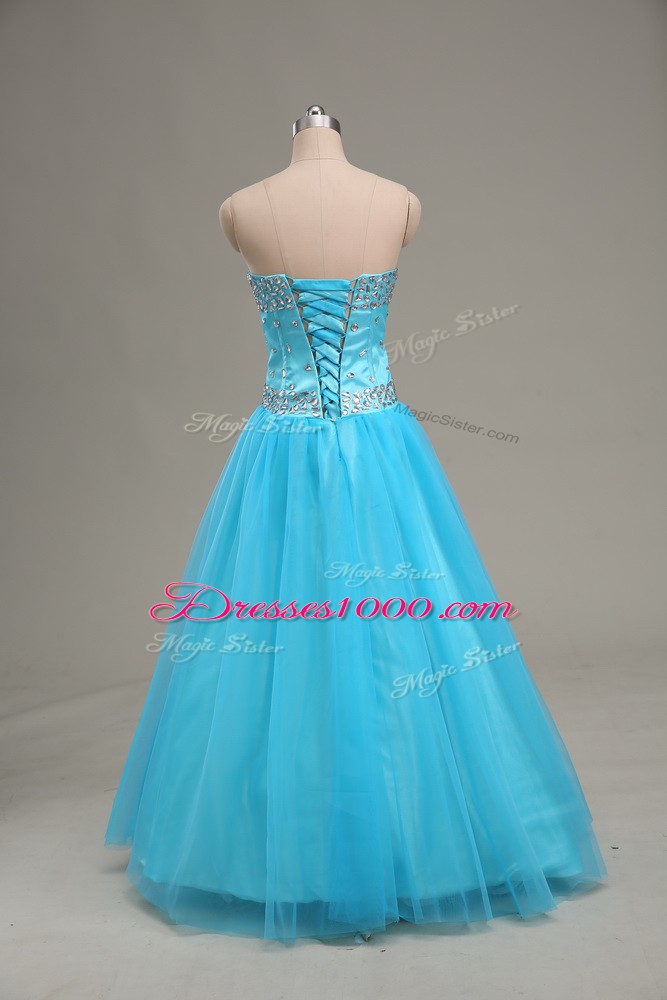 Aqua Blue Tulle Lace Up Sweetheart Sleeveless Floor Length Pageant Dress for Teens Beading