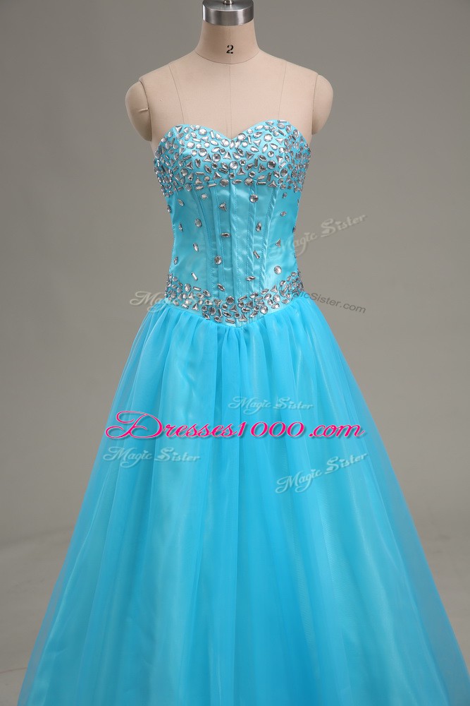Aqua Blue Tulle Lace Up Sweetheart Sleeveless Floor Length Pageant Dress for Teens Beading