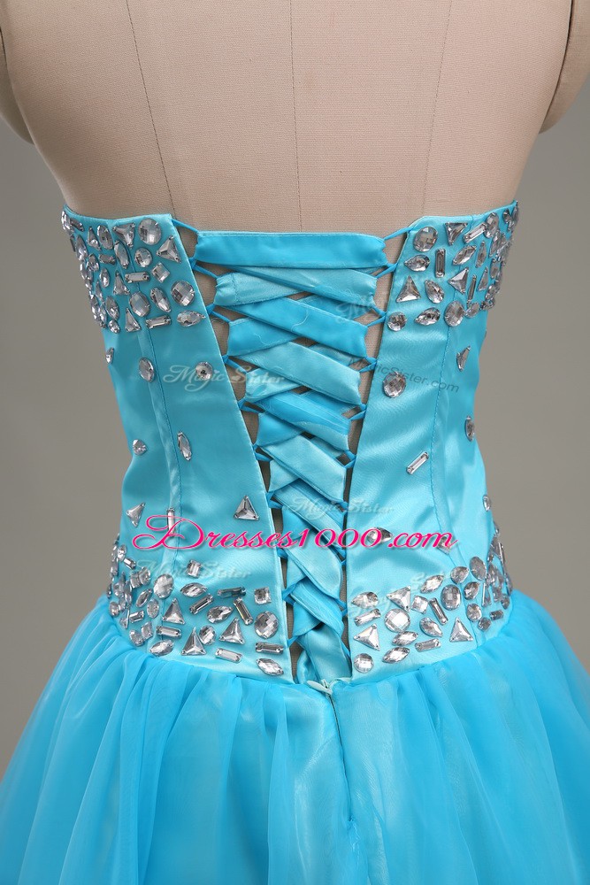 Aqua Blue Tulle Lace Up Sweetheart Sleeveless Floor Length Pageant Dress for Teens Beading