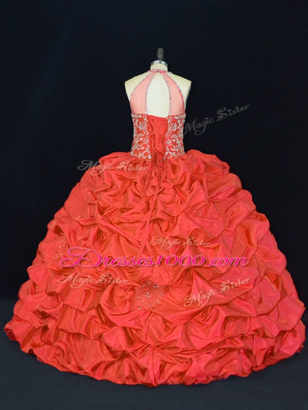 Modest Red Halter Top Lace Up Beading and Appliques and Embroidery Sweet 16 Quinceanera Dress Sleeveless