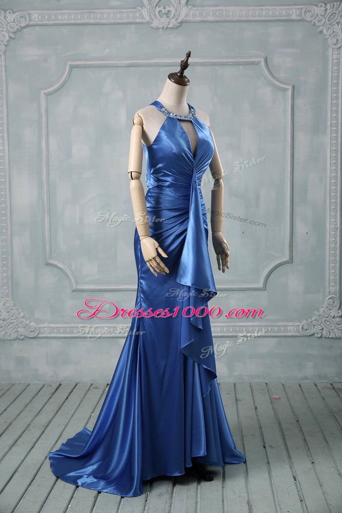 Blue Halter Top Criss Cross Beading and Ruching Brush Train Sleeveless