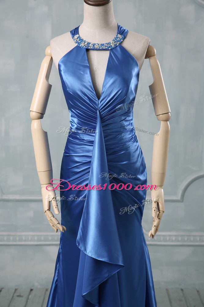 Blue Halter Top Criss Cross Beading and Ruching Brush Train Sleeveless
