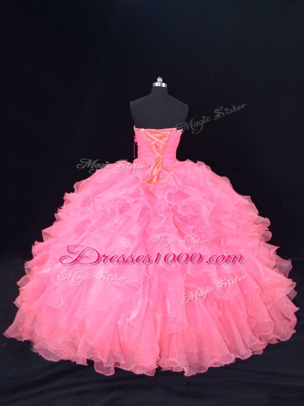 Romantic Strapless Sleeveless Lace Up Quinceanera Gown Pink Organza