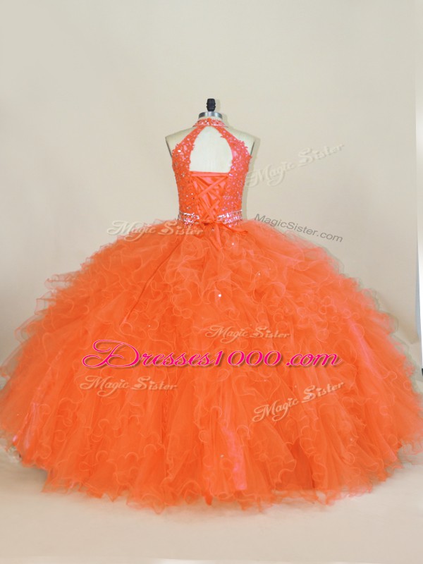 Fantastic Orange Ball Gowns Beading and Ruffles Quinceanera Gown Lace Up Tulle Sleeveless Floor Length