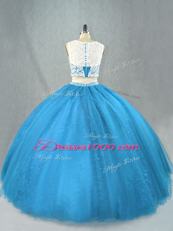 Tulle Scoop Sleeveless Zipper Beading Sweet 16 Dress in Blue