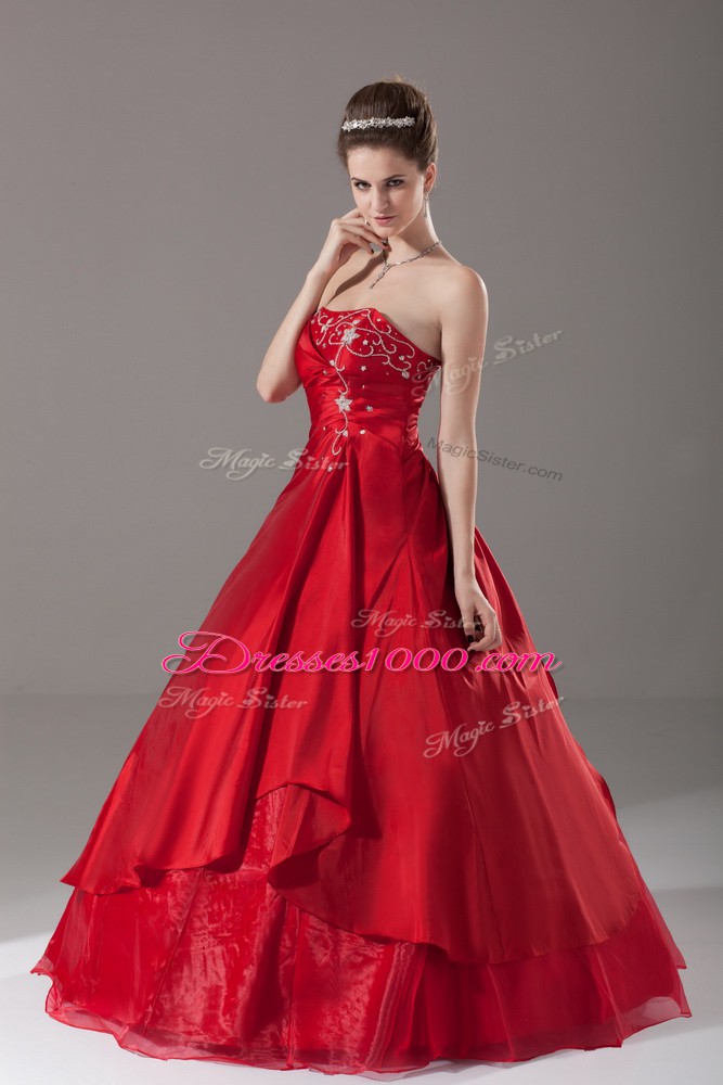 Most Popular Strapless Sleeveless Quinceanera Gown Floor Length Beading Wine Red Organza