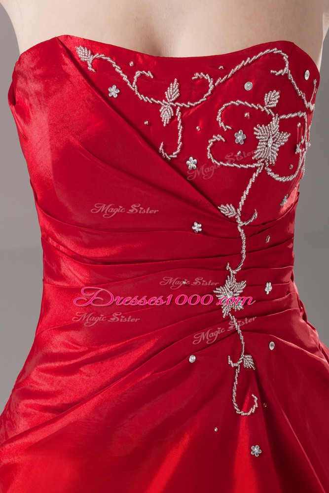 Most Popular Strapless Sleeveless Quinceanera Gown Floor Length Beading Wine Red Organza