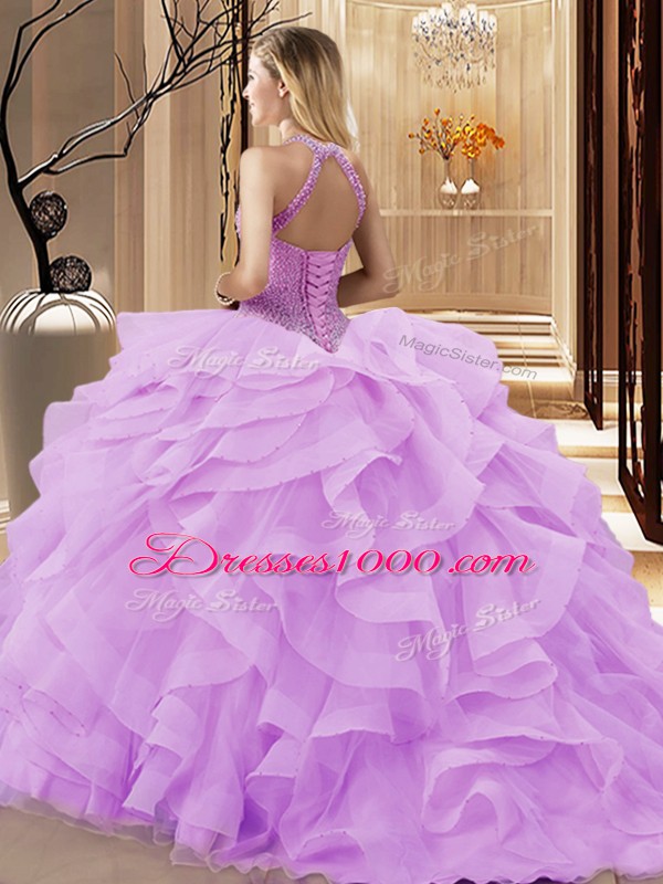Cute Organza Halter Top Sleeveless Brush Train Lace Up Beading and Ruffles 15 Quinceanera Dress in Apple Green