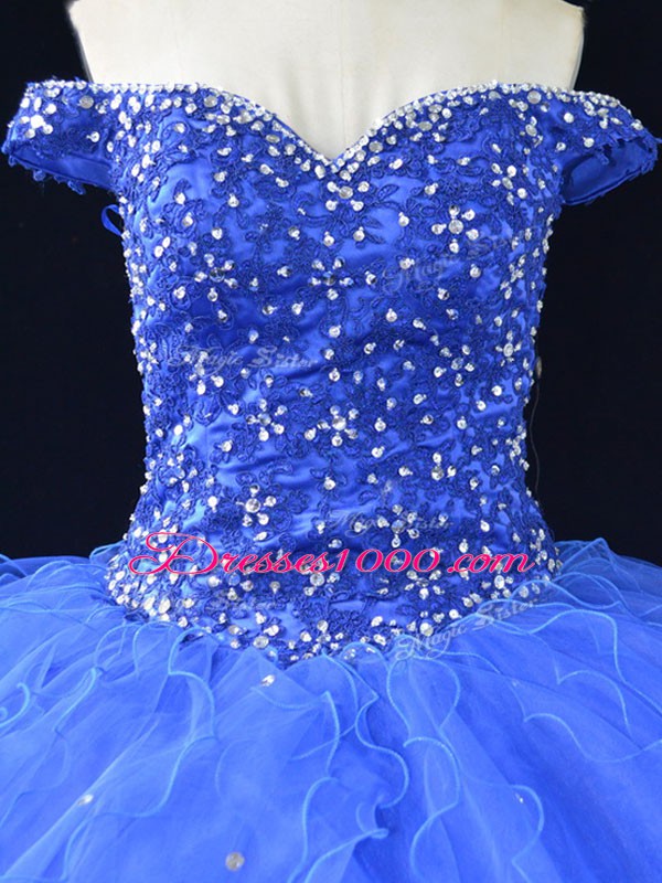 High Quality Blue Ball Gowns Off The Shoulder Sleeveless Tulle Floor Length Lace Up Beading and Ruffles Sweet 16 Dress
