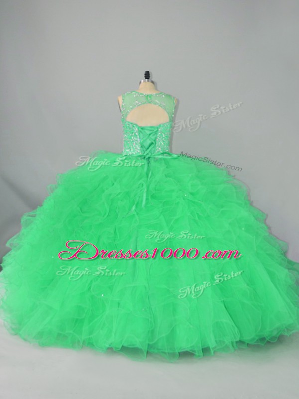 Green Sleeveless Floor Length Beading and Ruffles Lace Up 15th Birthday Dress