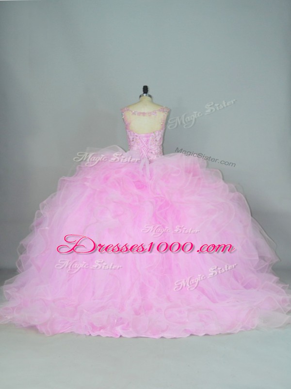 Tulle V-neck Sleeveless Brush Train Lace Up Beading and Ruffles Quinceanera Dress in Lilac