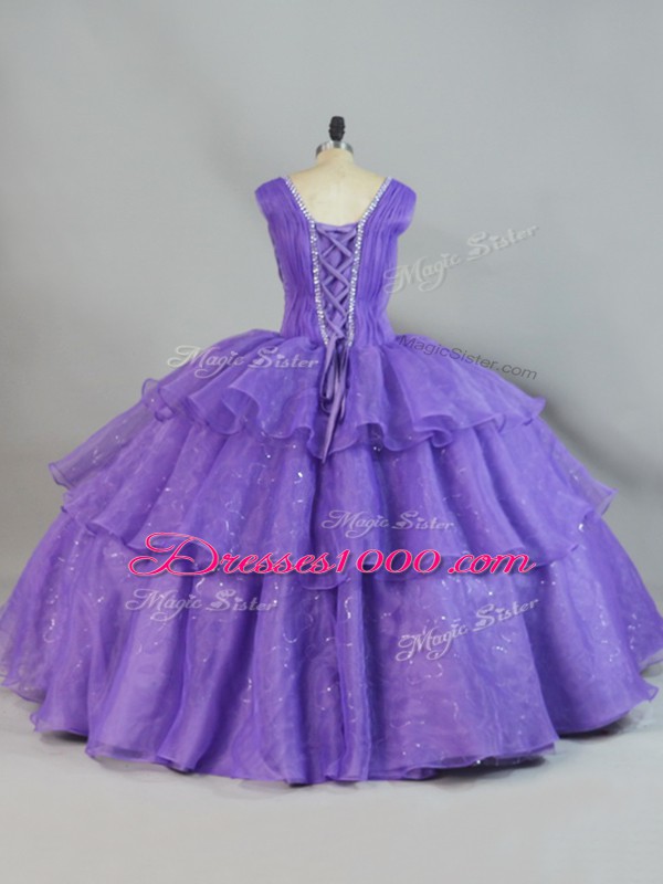 Top Selling Floor Length Lace Up 15 Quinceanera Dress Lavender for Sweet 16 and Quinceanera with Beading and Ruffled Layers