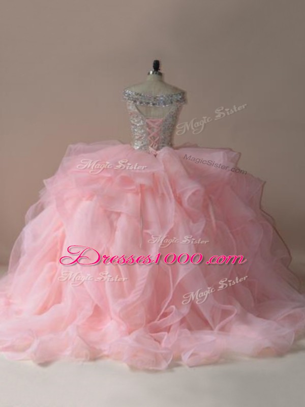 Popular Pink Ball Gowns Beading and Ruffles 15th Birthday Dress Lace Up Tulle Sleeveless