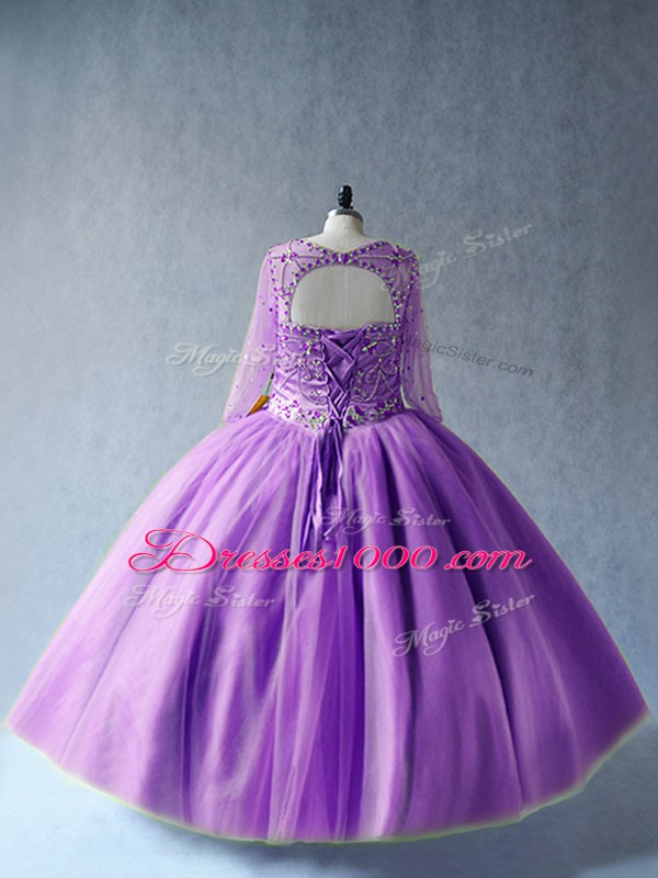 Luxury Long Sleeves Tulle Floor Length Lace Up 15 Quinceanera Dress in Lavender with Beading
