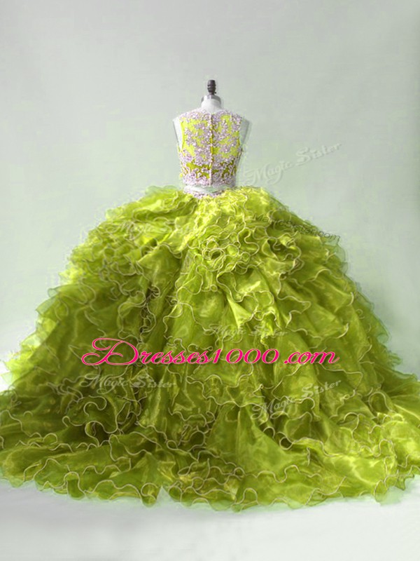 Flirting Olive Green Ball Gown Prom Dress Organza Brush Train Sleeveless Beading and Ruffles