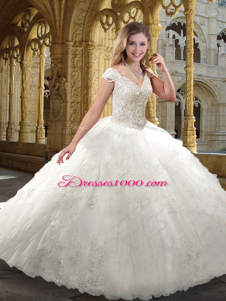 Stunning Floor Length White Bridal Gown Organza Cap Sleeves Beading and Ruffles