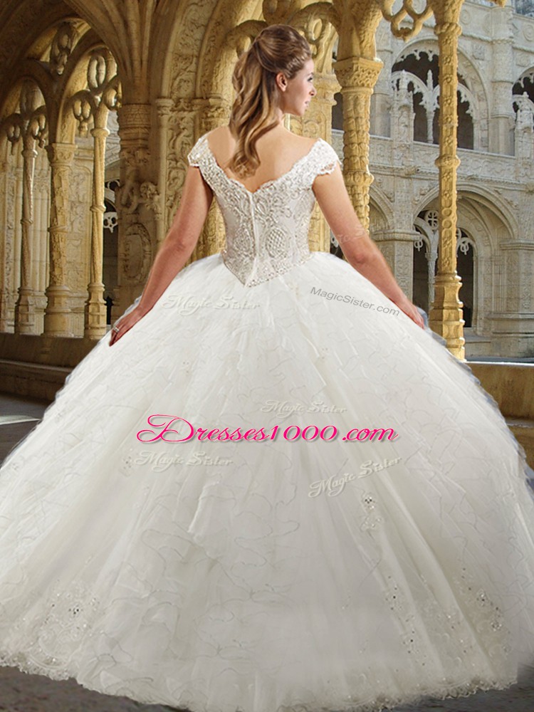 Stunning Floor Length White Bridal Gown Organza Cap Sleeves Beading and Ruffles
