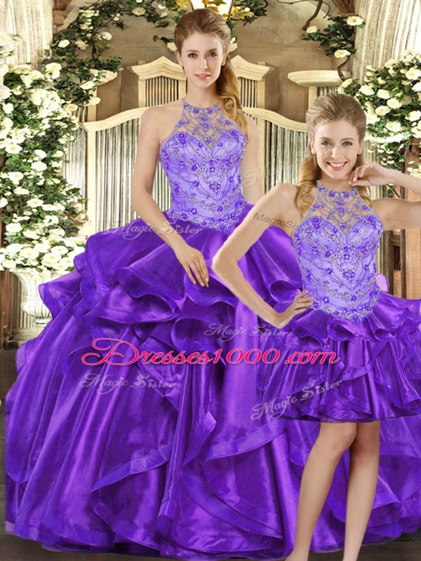 Fantastic Purple Organza Lace Up Quinceanera Gown Sleeveless Floor Length Beading and Ruffles