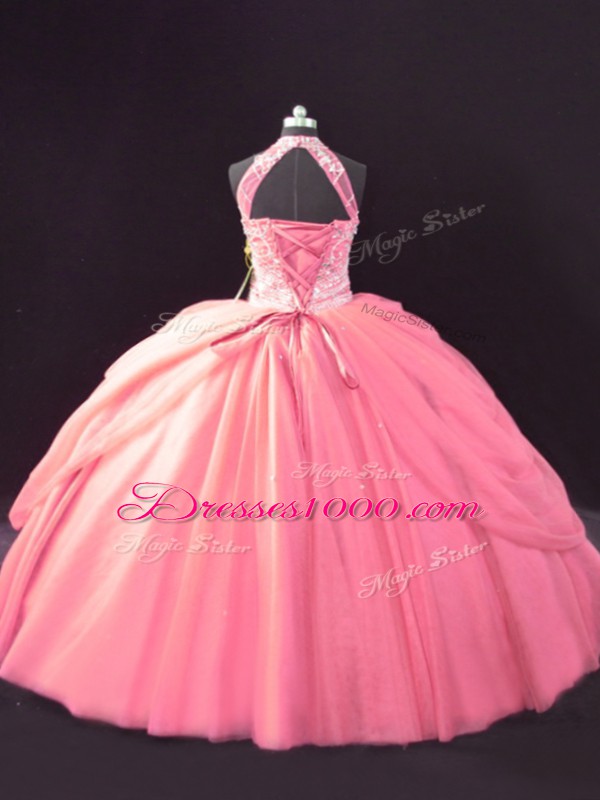 Pink Sleeveless Tulle Lace Up Quinceanera Dresses for Sweet 16 and Quinceanera