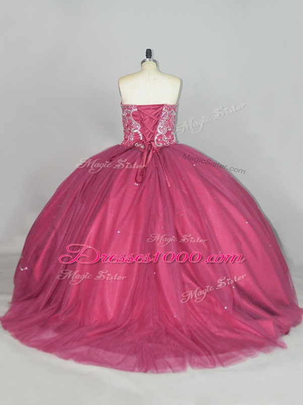 Sleeveless Tulle Brush Train Lace Up Quince Ball Gowns in Red with Beading and Sequins