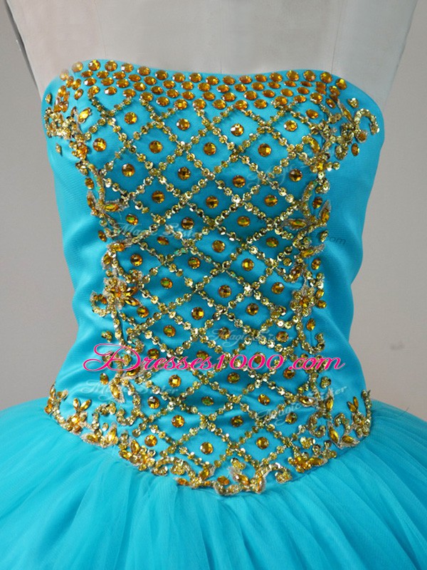 Luxury Blue Lace Up Strapless Beading Ball Gown Prom Dress Tulle Sleeveless