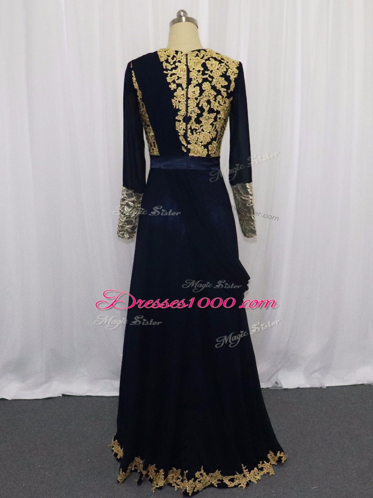 Admirable Column/Sheath Evening Dress Navy Blue Scoop Chiffon Long Sleeves Floor Length Zipper