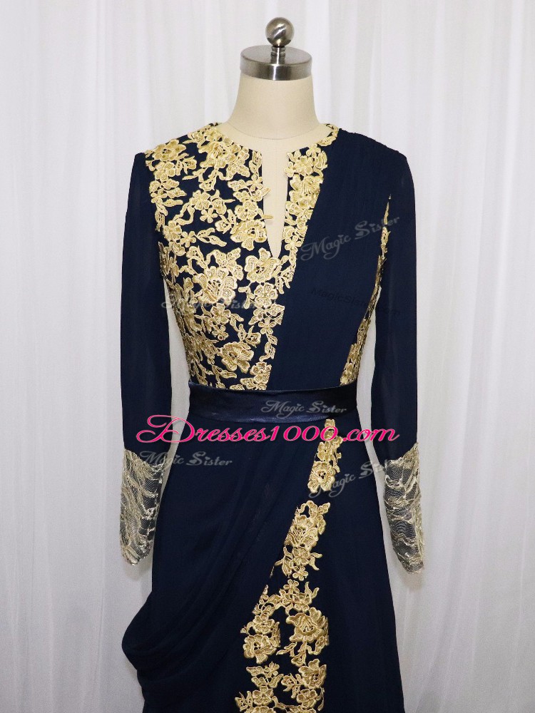 Admirable Column/Sheath Evening Dress Navy Blue Scoop Chiffon Long Sleeves Floor Length Zipper