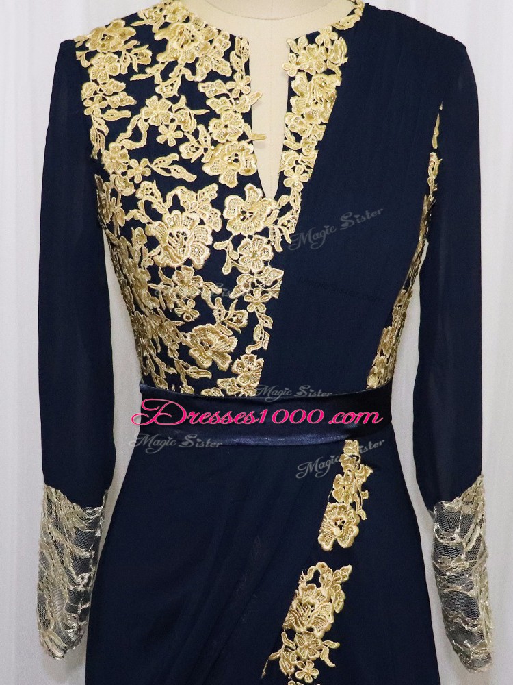 Admirable Column/Sheath Evening Dress Navy Blue Scoop Chiffon Long Sleeves Floor Length Zipper