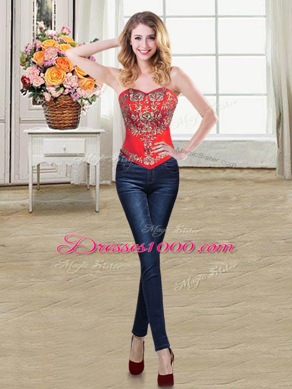 On Sale Red Sweetheart Neckline Embroidery and Ruffled Layers Quince Ball Gowns Sleeveless Lace Up