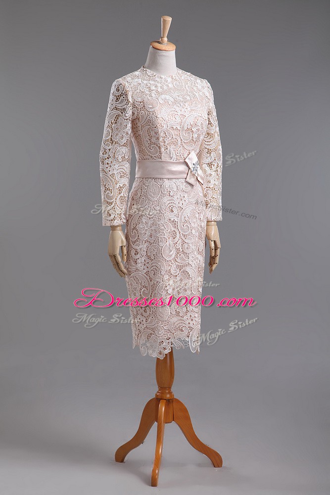 Elegant Column/Sheath Prom Party Dress Champagne High-neck Lace Long Sleeves Tea Length Zipper