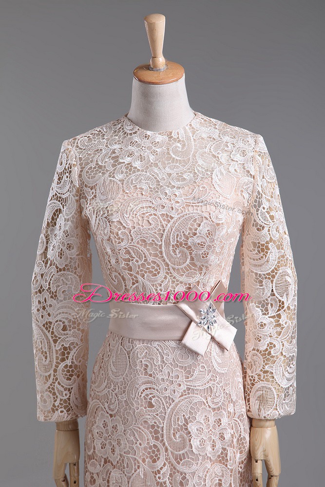Elegant Column/Sheath Prom Party Dress Champagne High-neck Lace Long Sleeves Tea Length Zipper