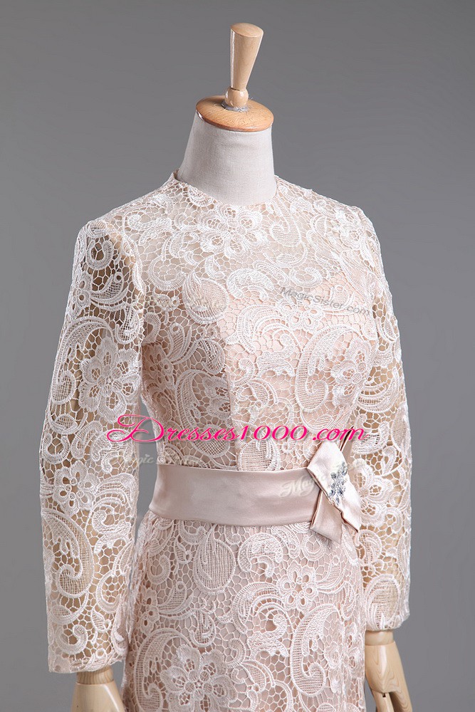 Elegant Column/Sheath Prom Party Dress Champagne High-neck Lace Long Sleeves Tea Length Zipper