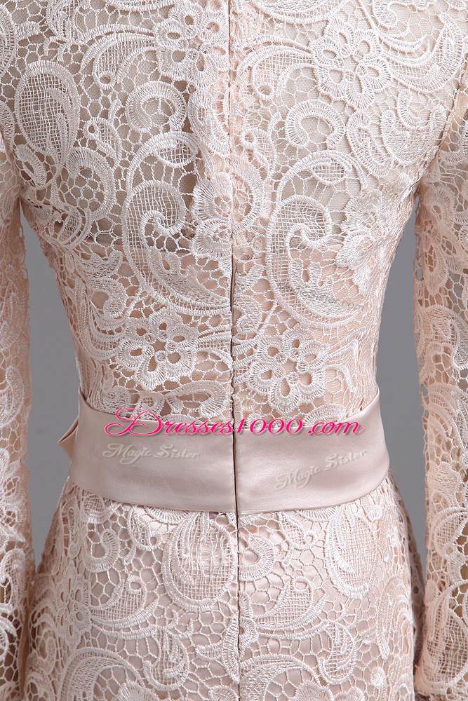 Elegant Column/Sheath Prom Party Dress Champagne High-neck Lace Long Sleeves Tea Length Zipper