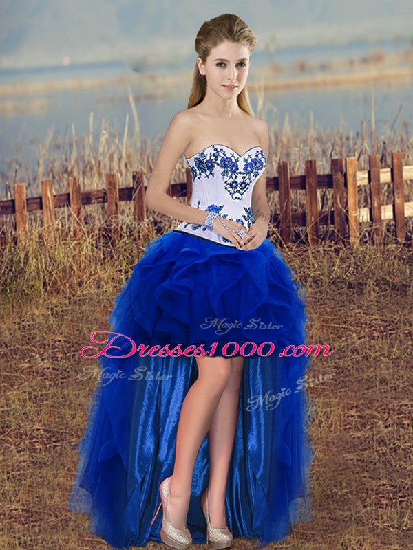 Vintage Royal Blue Three Pieces Embroidery and Ruffles and Bowknot Quinceanera Gown Lace Up Tulle Sleeveless Floor Length