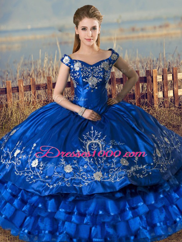 Royal Blue Lace Up Sweet 16 Quinceanera Dress Embroidery and Ruffled Layers Sleeveless Floor Length