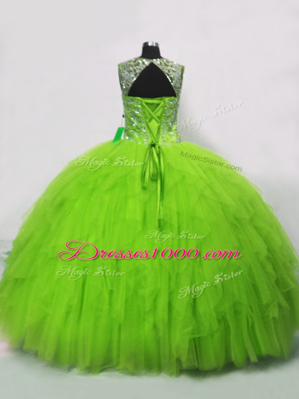 High Class Tulle Sleeveless Floor Length Ball Gown Prom Dress and Beading and Ruffles
