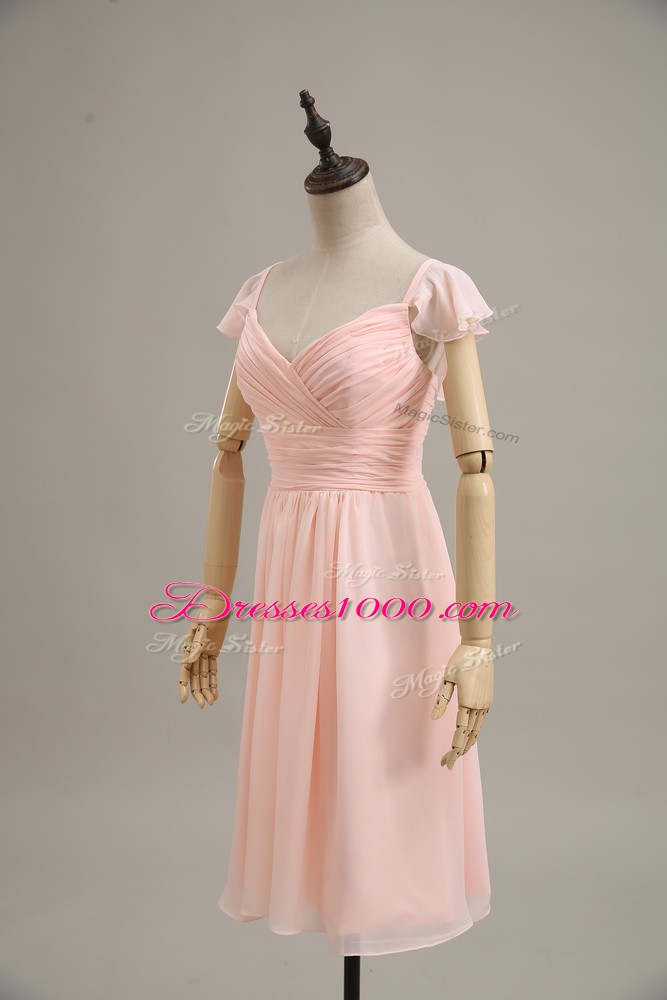 Customized Empire Formal Evening Gowns Pink Straps Chiffon Cap Sleeves Zipper