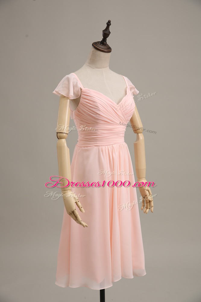 Customized Empire Formal Evening Gowns Pink Straps Chiffon Cap Sleeves Zipper