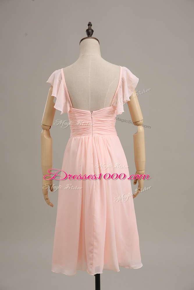Customized Empire Formal Evening Gowns Pink Straps Chiffon Cap Sleeves Zipper