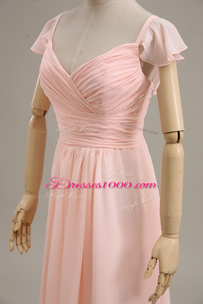 Customized Empire Formal Evening Gowns Pink Straps Chiffon Cap Sleeves Zipper